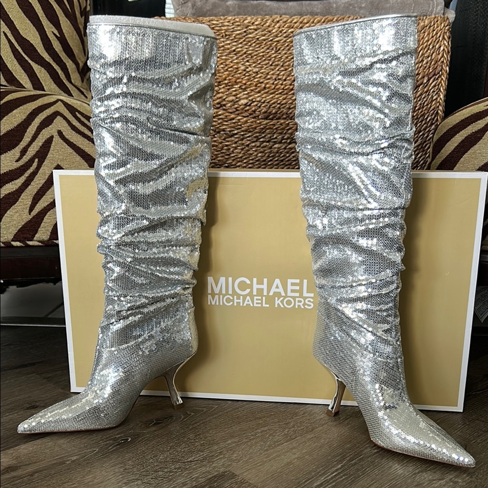 Michael Kors Luna Glittering Silver Sequin Heeled Boots